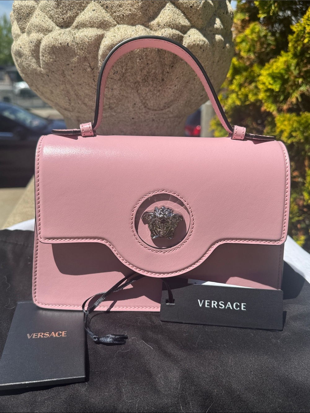 Versace Pink Leather Top-Handle Satchel with Silver Medusa, Calfskin Leather .Sm - Picture 3 of 12